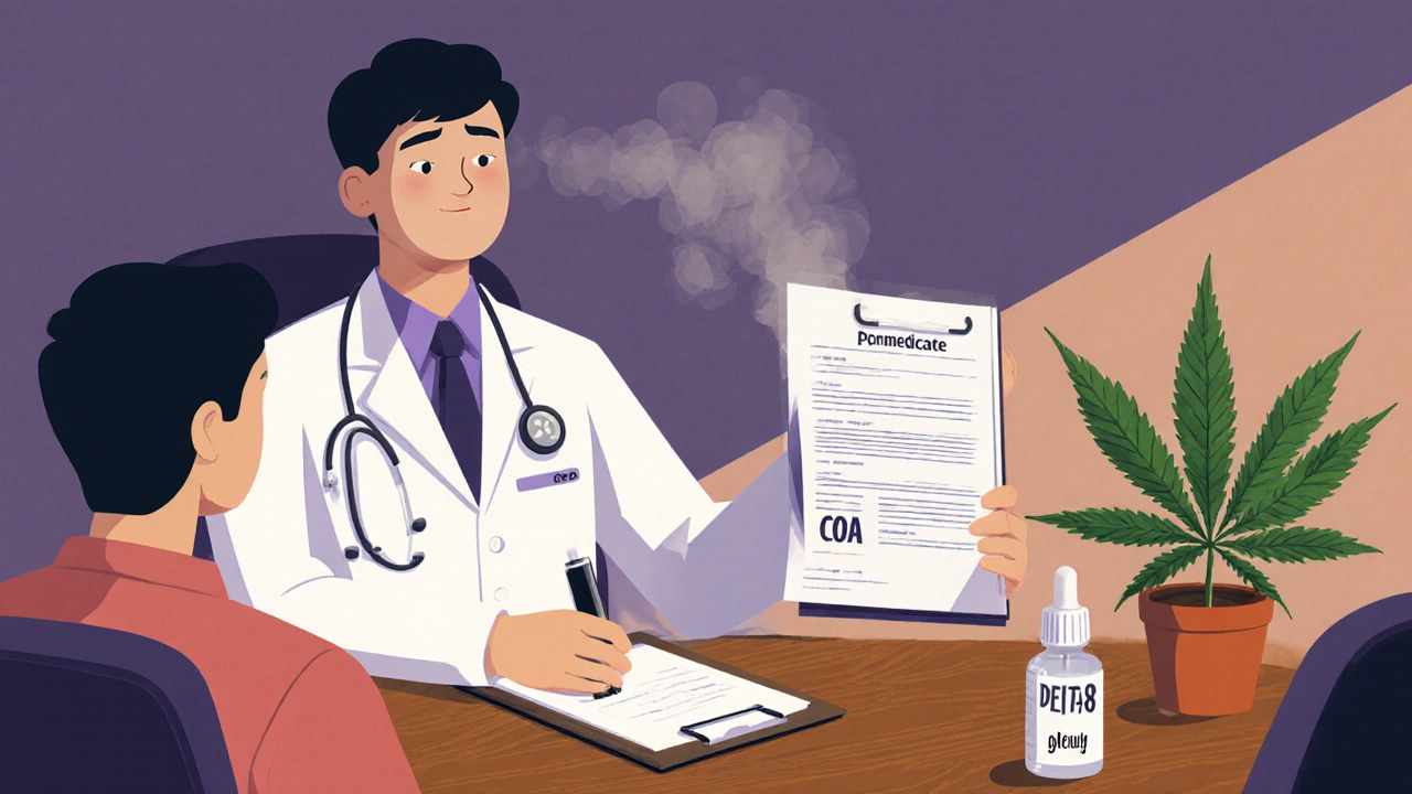 Lékařská konzultace s vaporizérem, lahví delta‑8 a certifikátem.