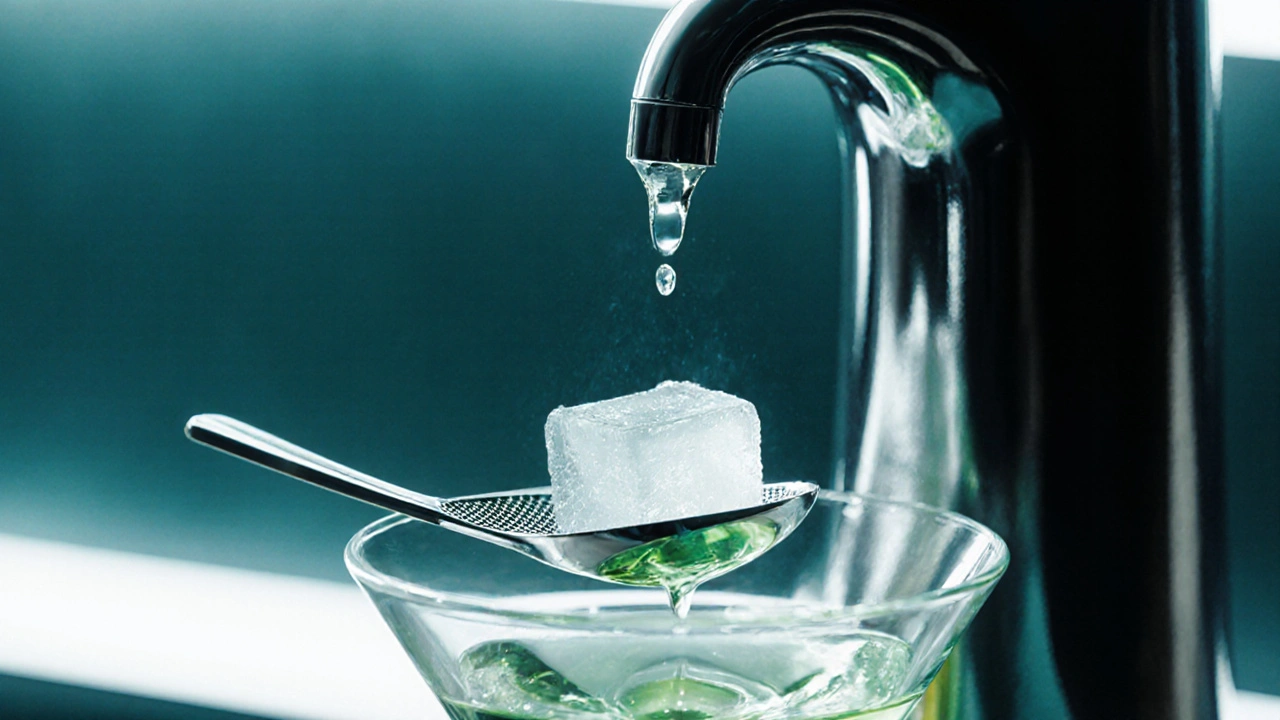 Moderní barová fontána, voda stéká přes cukr do sklenky s absintem.
