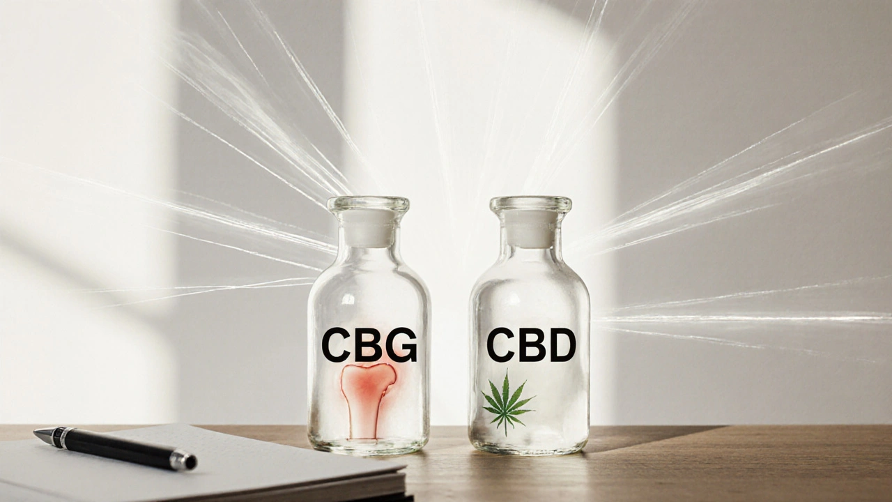 Dvě lahvičky CBG a CBD s různými typy světla ukazujícími jejich odlišné účinky.