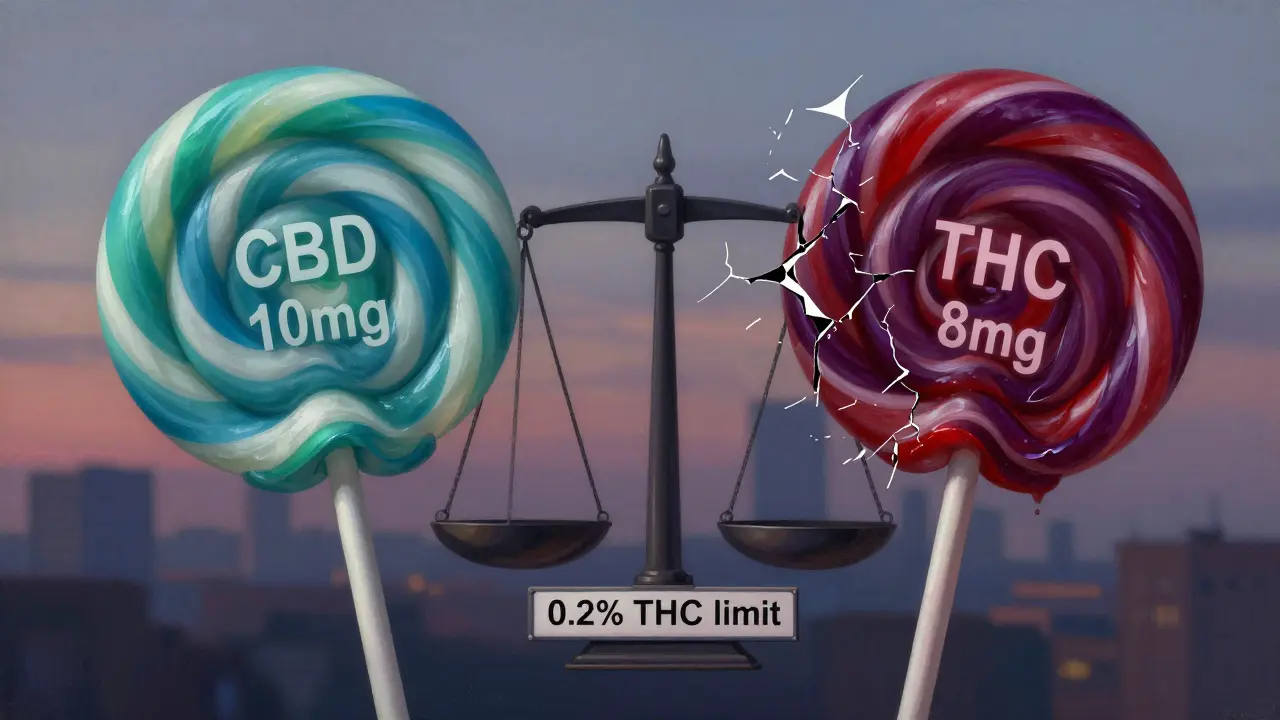 Dva kontrastní lollipopy: jeden klidný s CBD, druhý chaotický s THC, mezi nimi právní hranice.