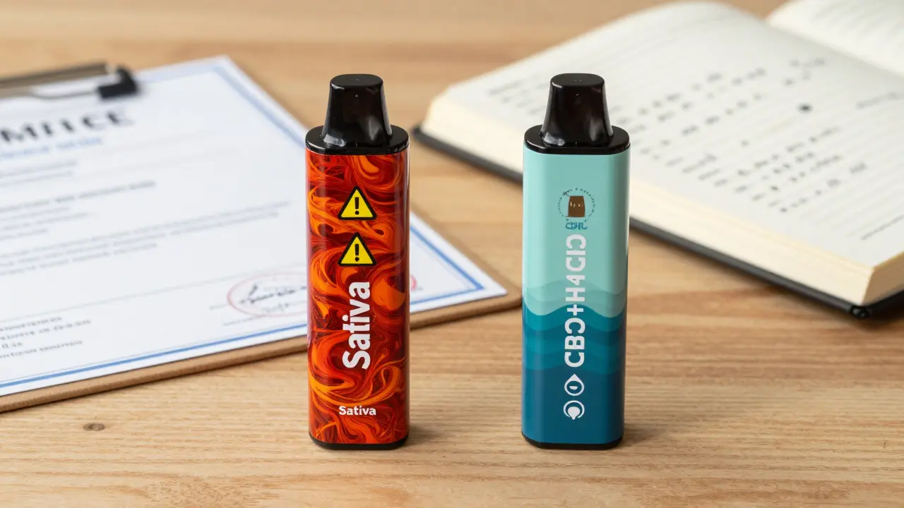 Dva vape přístroje vedle sebe: jeden s označením 'Sativa', druhý s 'CBD+H4CBD' a certifikátem čistoty.