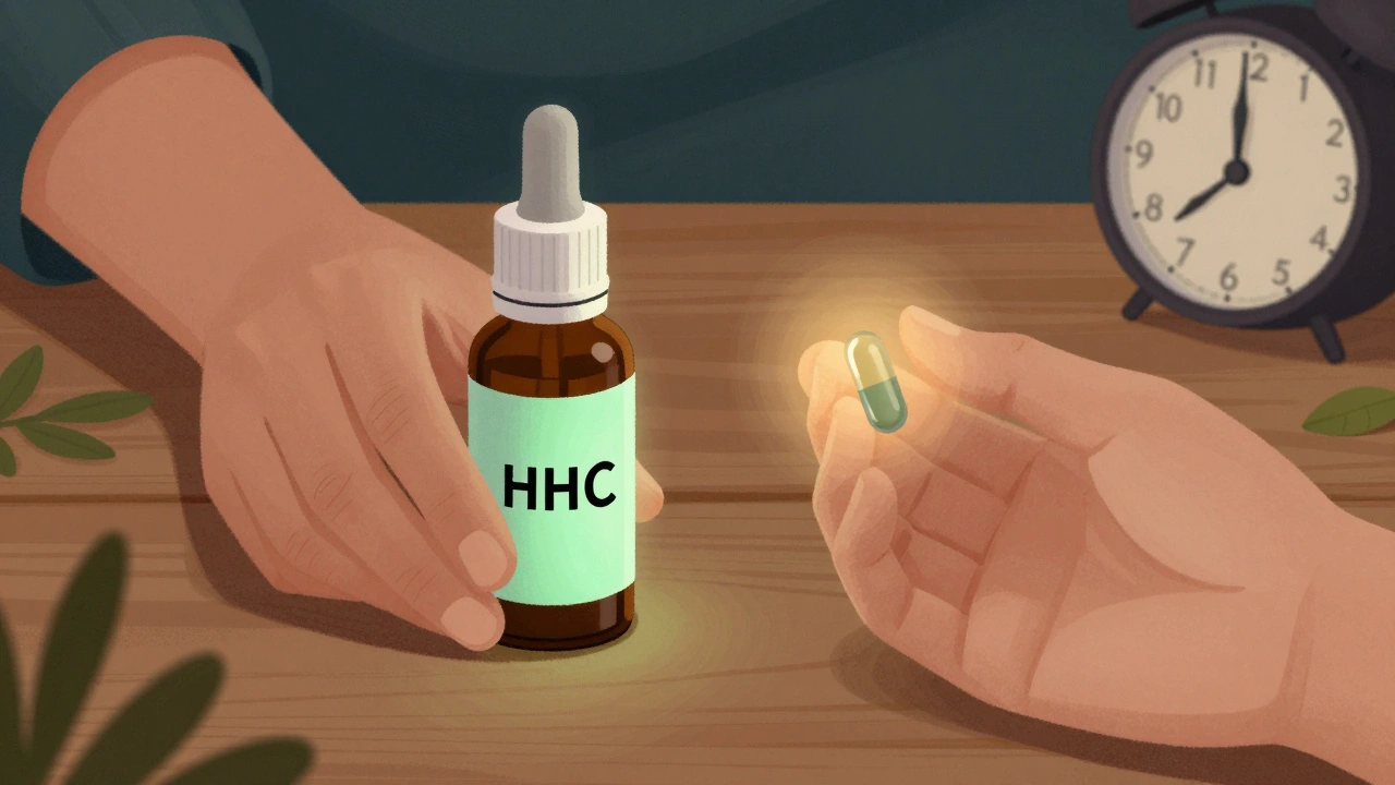 Dvě ruce drží CBD a HHC, symbolizující různé přístupy k uklidnění.