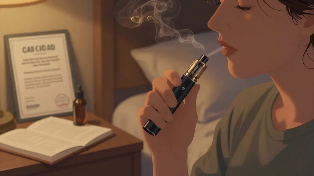 Osoba kouří CBD z vape pera v klidné ložnici, jemná výpar se vznáší ve vzduchu