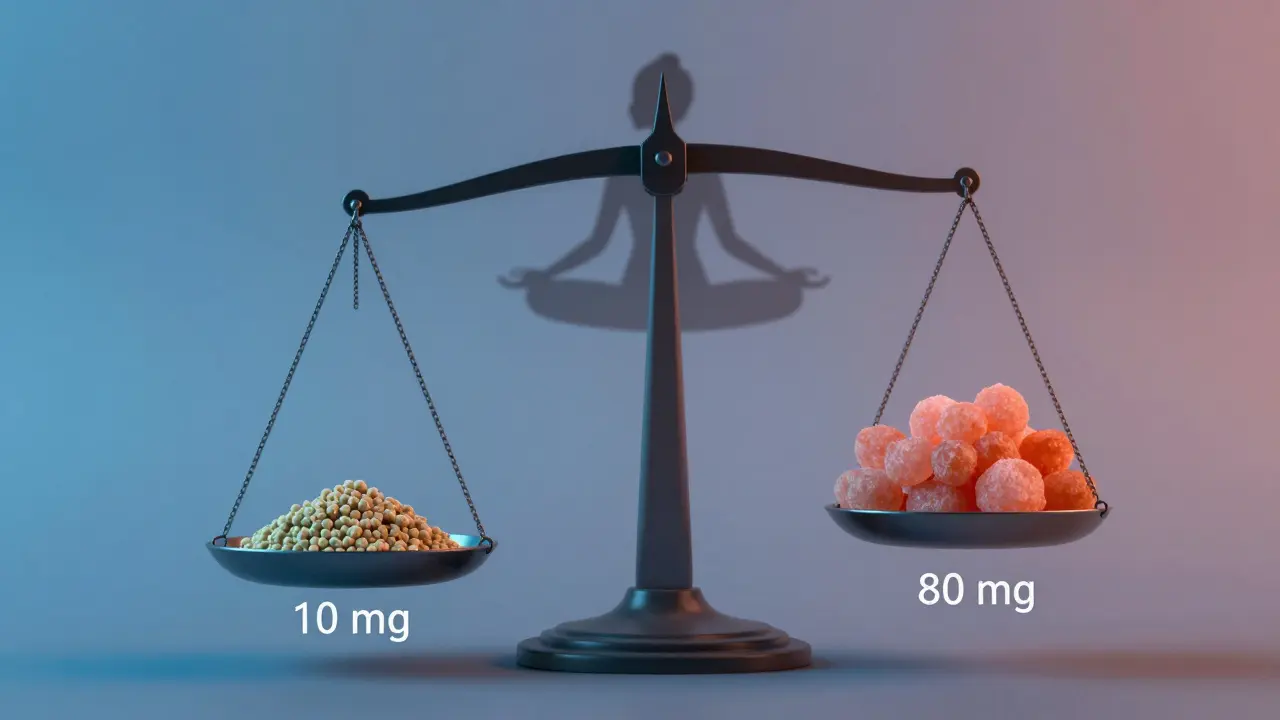 Váha s malou a velkou dávkou CBD crumble, symbolizující bezpečnou a příliš vysokou dávku