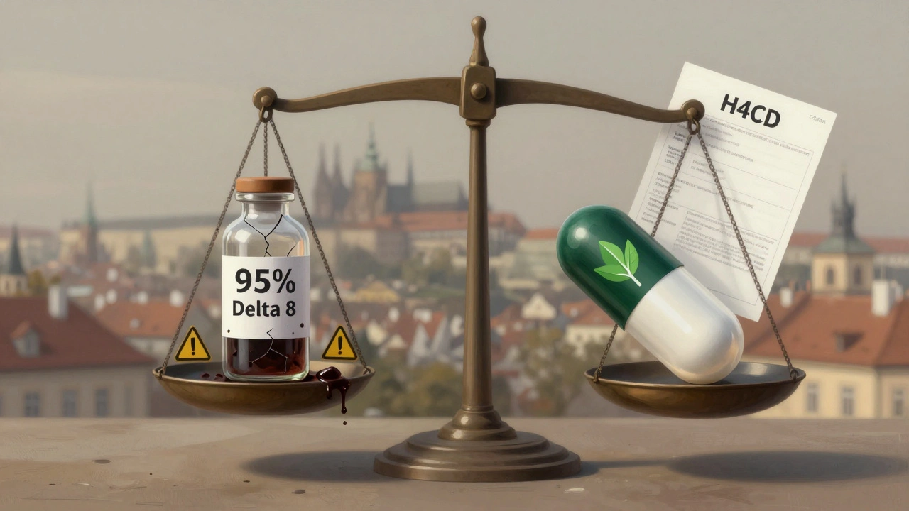 Váha s nečistým delta 8 na jedné straně a čistým H4CBD na druhé, s certifikátem analýzy.