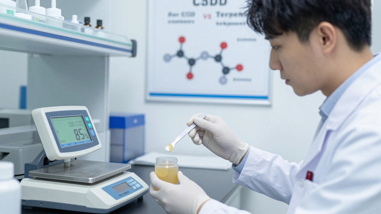 Vědec při manipulaci s CBD voskem v laboratoři s laboratorními přístroji.