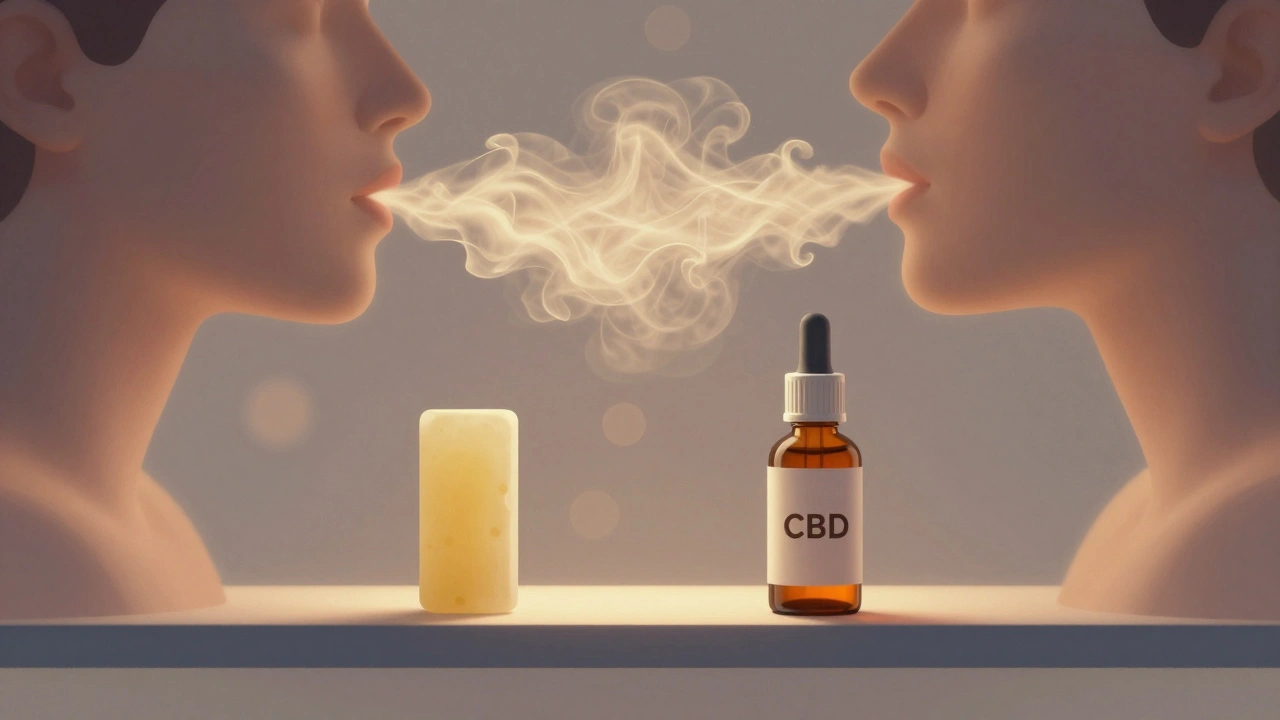 Zlatá pára z CBD vosku vstupující do plic, symbolizující rychlé působení.
