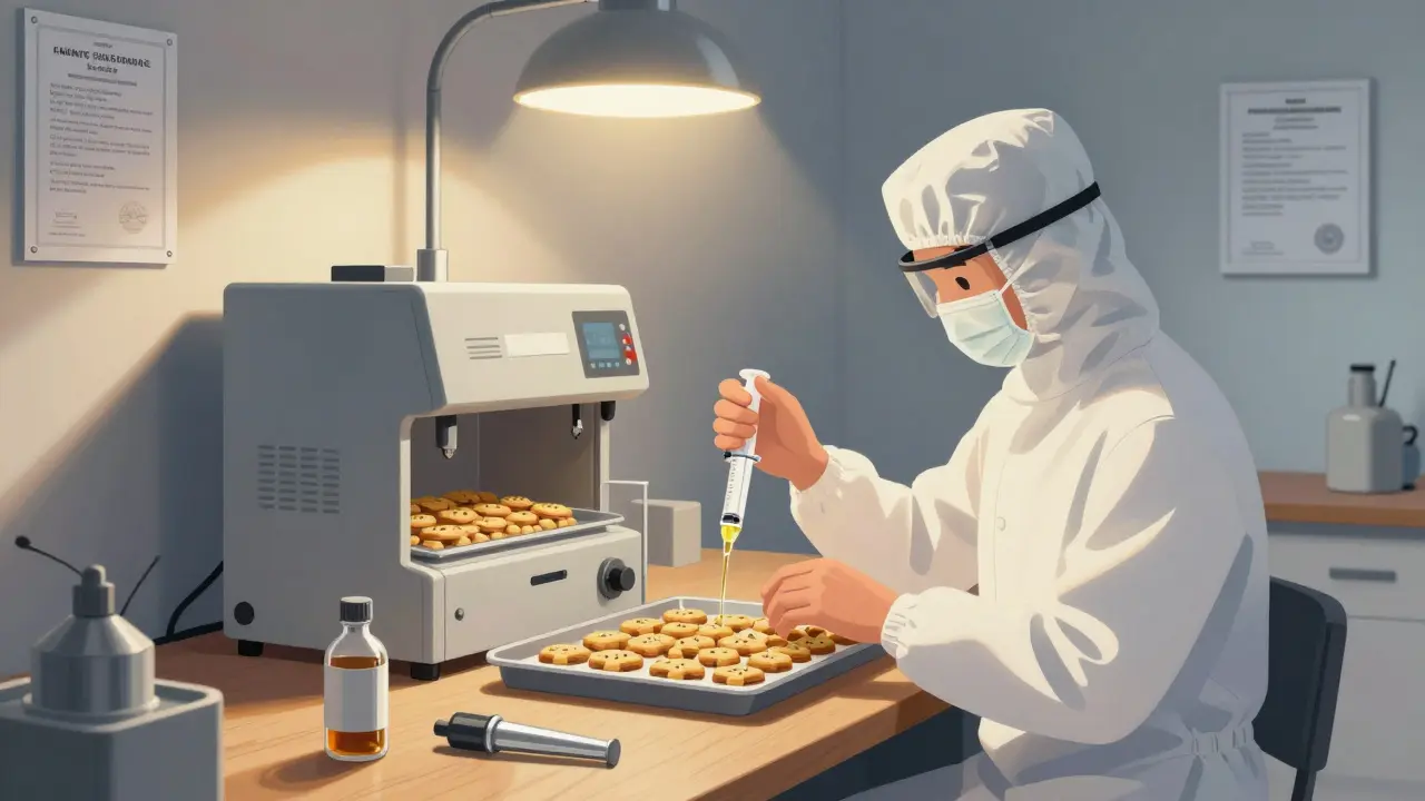 Technik v čisté místnosti přesně měří konopný olej do malé série sušenek v laboratoři.