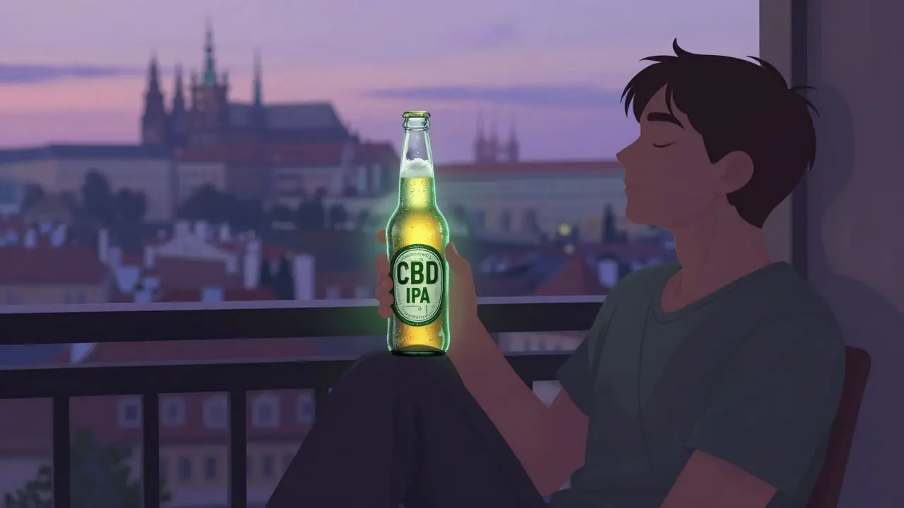 Osoba si sedí na balkoně večer a pije CBD IPA, obloha je fialová, pivo září jemnou zelenou barvou.