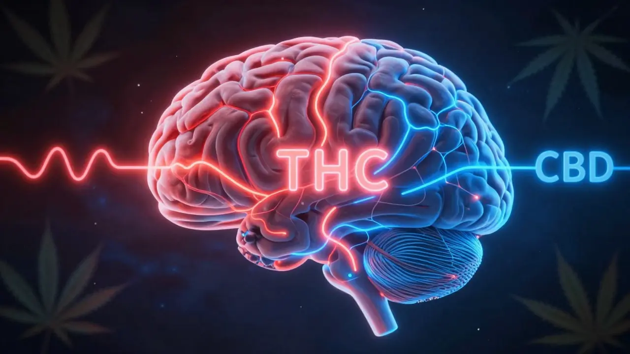 Abstraktní obrázek mozku s dvěma interagujícími cestami: THC jako červená energie a CBD jako modrá klidná vlna.