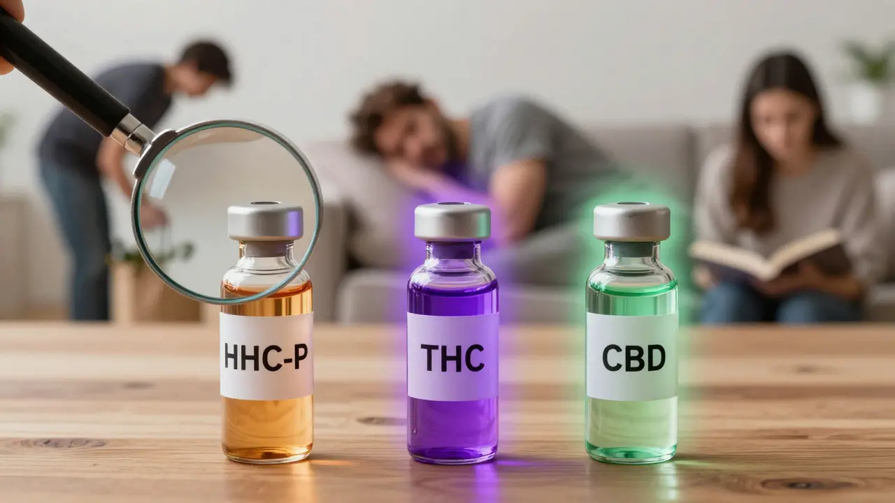 Tři láhve s kanabinoidy HHC-P, THC a CBD s různými účinky na tělo, symbolizující rozdílné přístupy k léčbě bolesti.