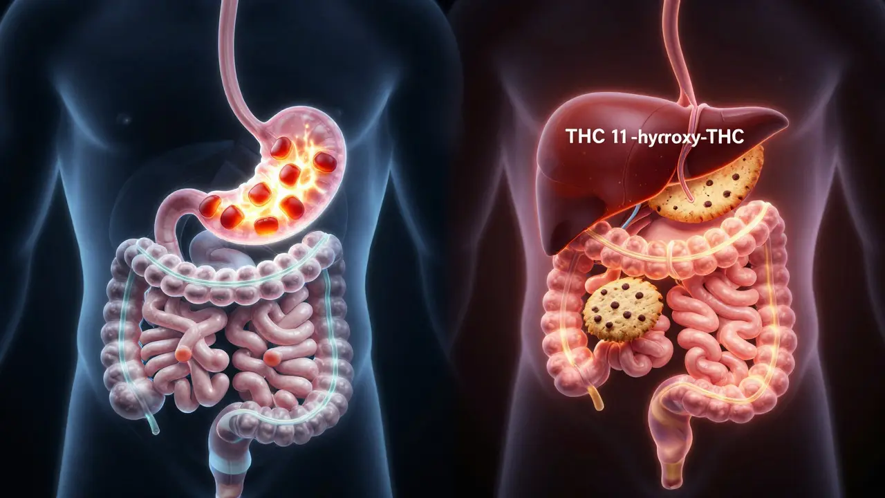 Vnitřní zobrazení trávicího systému s různými cestami zpracování THC z kuliček a cukroví.