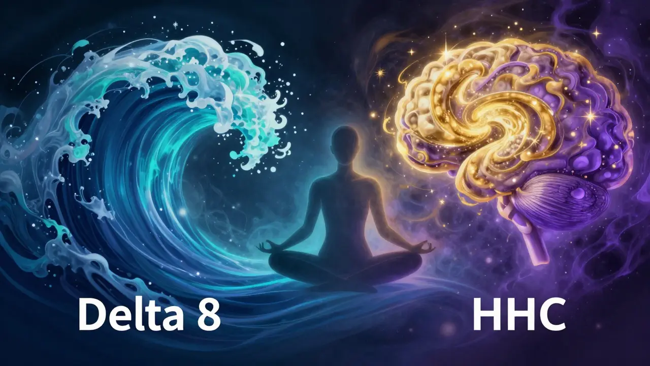 Abstraktní znázornění uklidňujícího efektu Delta 8 a euforie HHC.