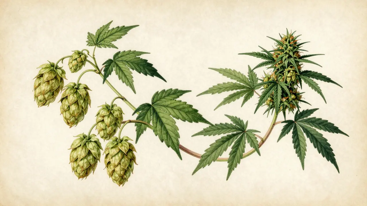 Botanická ilustrace znázornující příbuzenství rostlin chmele a konopí.