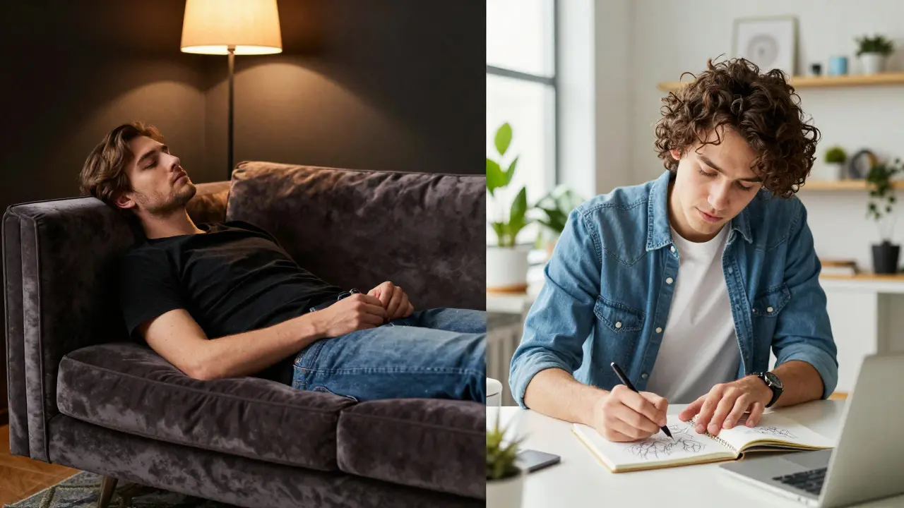 Srovnání relaxace na gauči s kreativní prací v jasně osvětleném studiu.