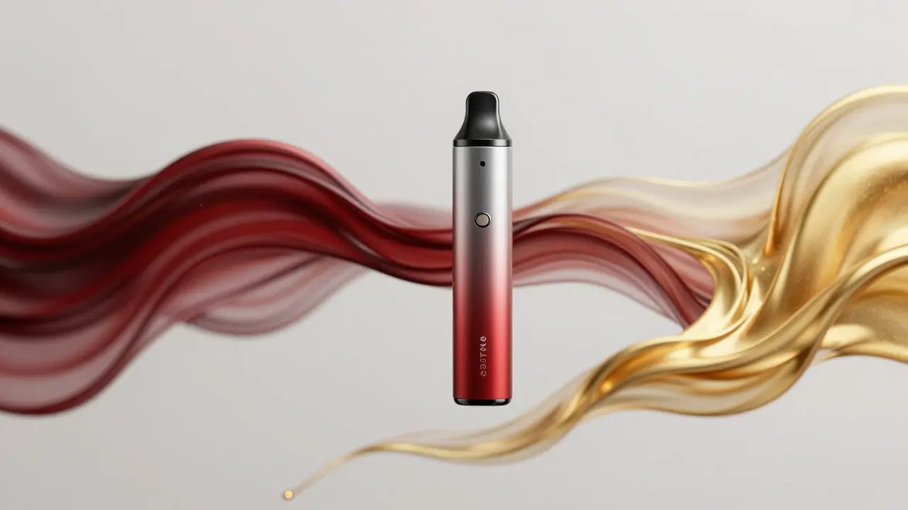 Vape pen obklopený proudem červené a zlaté energie symbolizující rovnováhu.