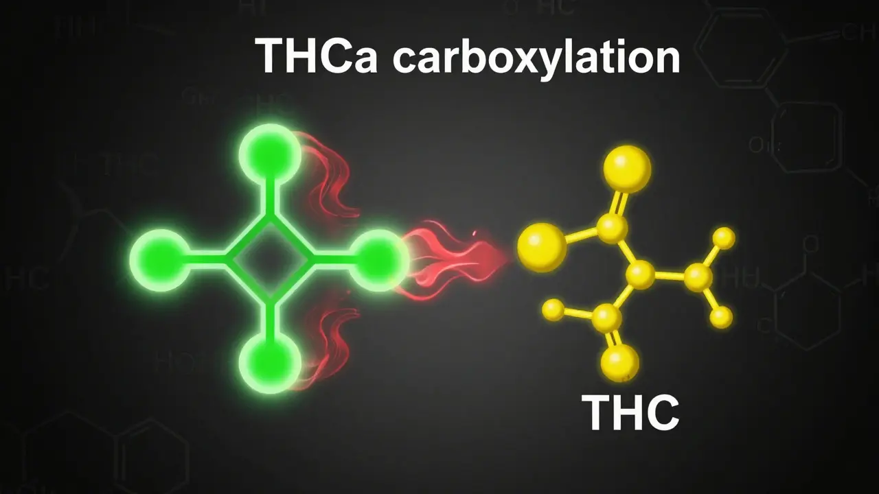 Ilustrace molekulární transformace THCa na THC pomocí tepla a karboxylace
