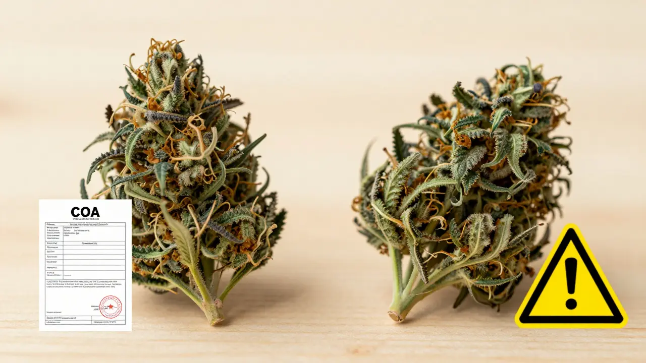 Srovnání kvalitního CBD květu s podezřelým produktem vysokého obsahu THC.