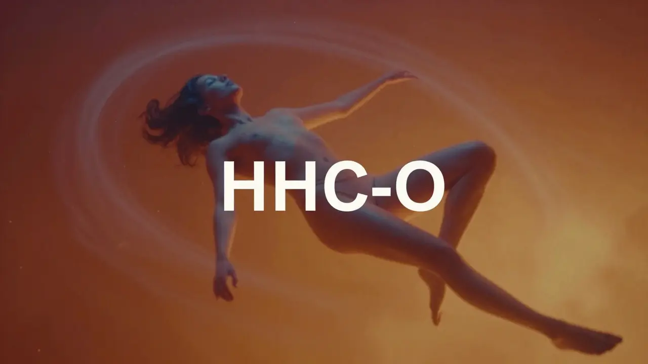 Abstraktní vizualizace relaxačního efektu HHC-O v teplých barvách