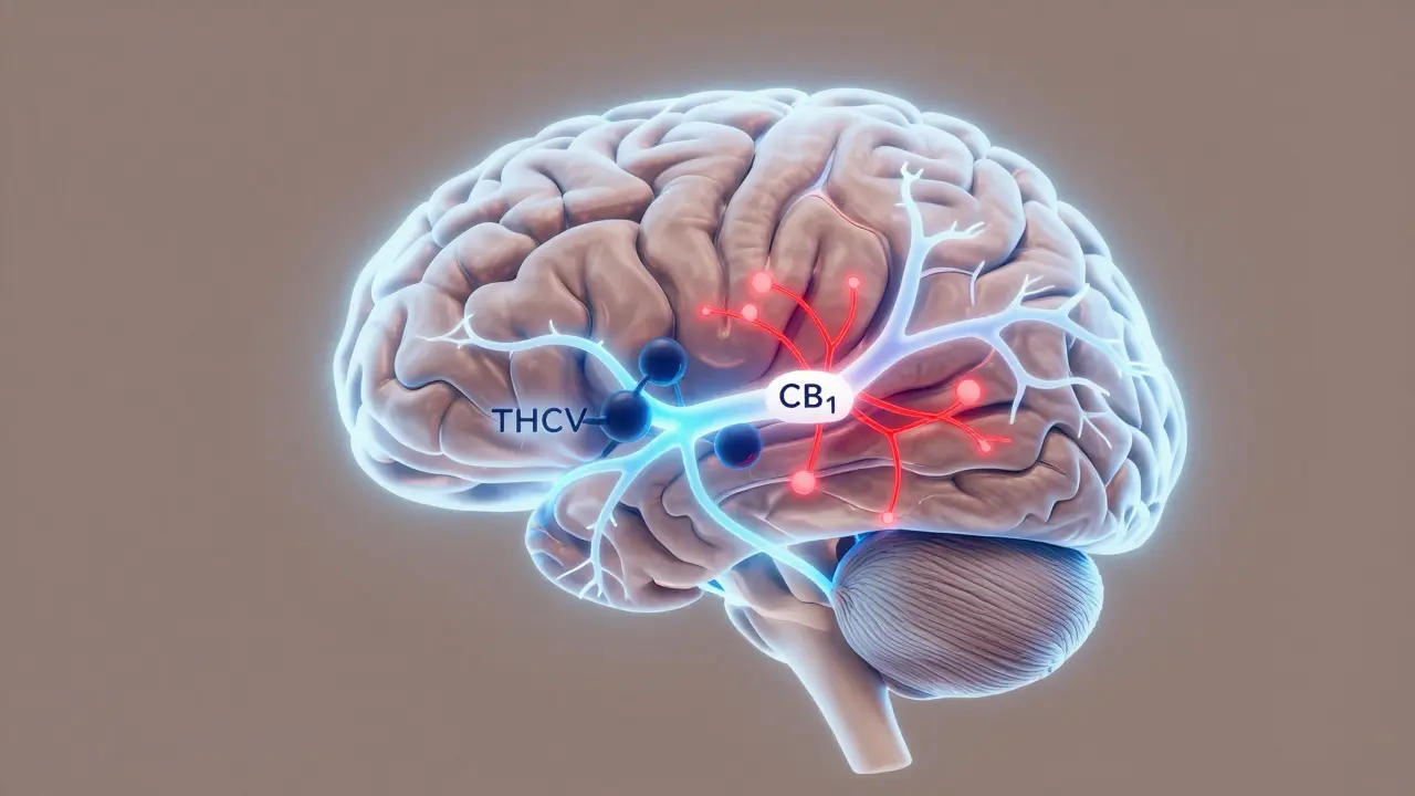Ilustrace mozku ukazující jak THCV blokuje stresové signály v neuronech