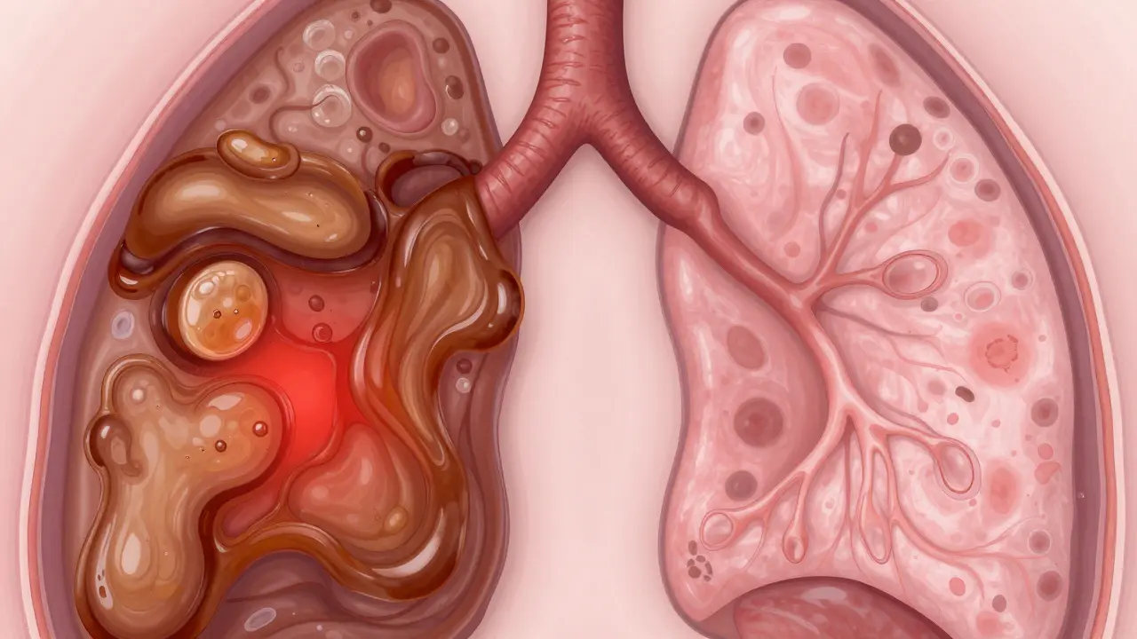 Ilustrace plicních alveol zasažených dehtem při kouření oproti čistšímu stavu