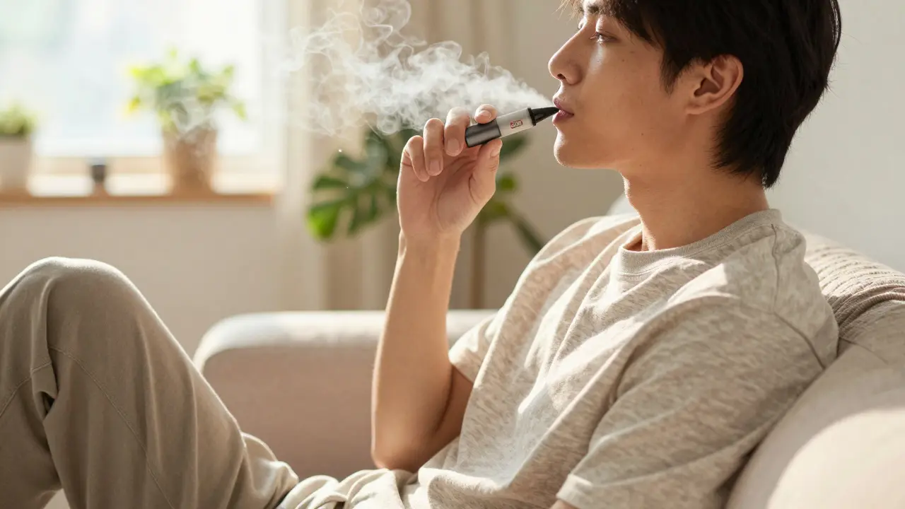 Uklidněná osoba používající CBD vape v domácnosti