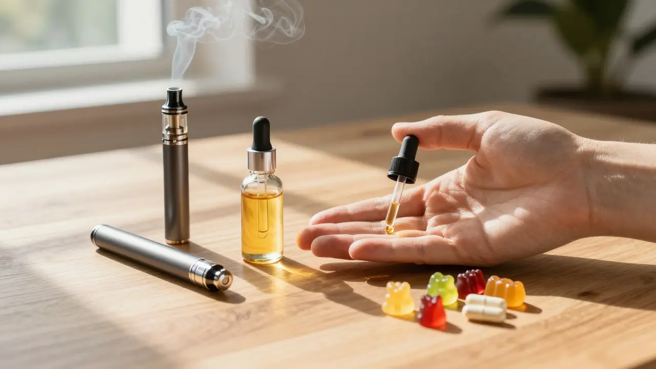 Vape pera, kapky a gummičky s HHC-O na dřevěném stole při denním světle