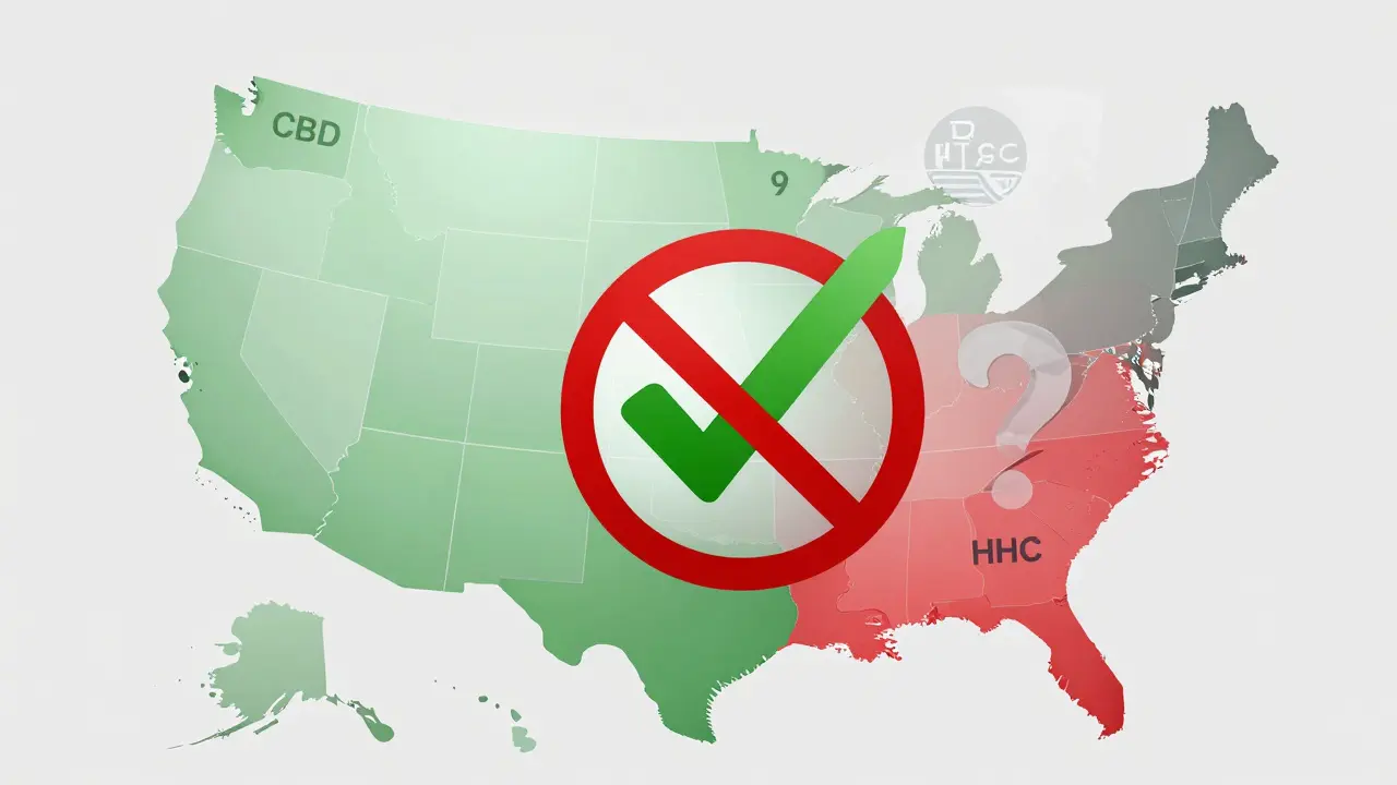 Abstraktní mapa USA znázorňující různé zákony o konopí ve státech