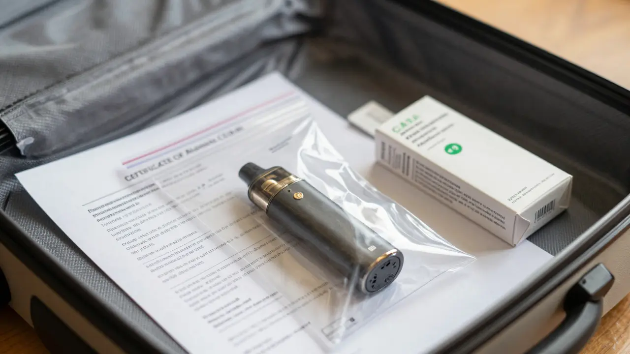 Vape zařízení v ziplock sáčku v příručním zavazadle s certifikátem