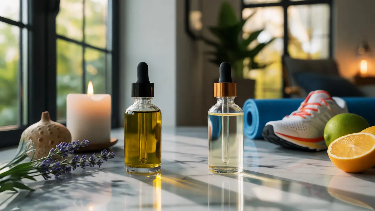 Dvě lahvičky s oleji CBD a THCV v relaxačním a energetickém prostředí