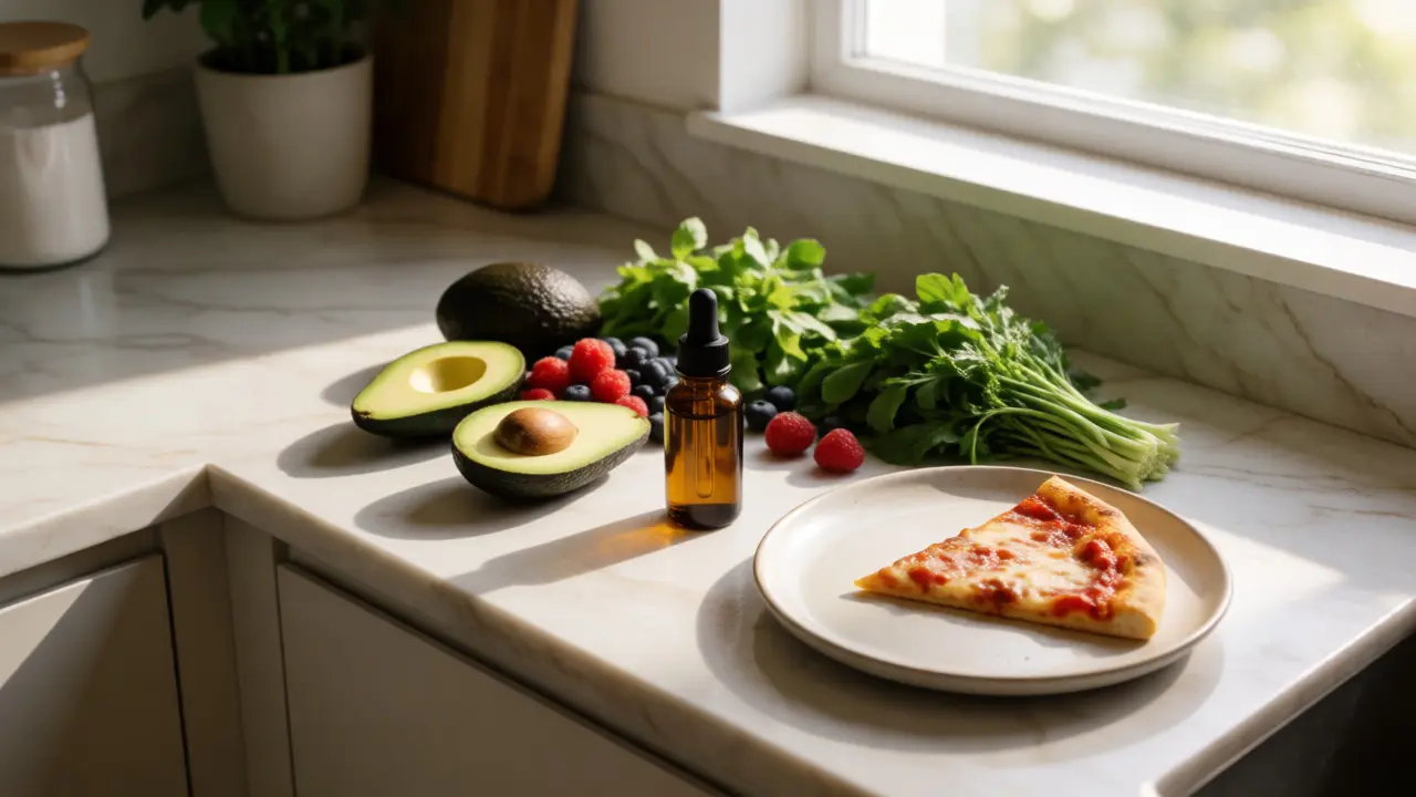 Healthy breakfast setup with THCV oil bottle