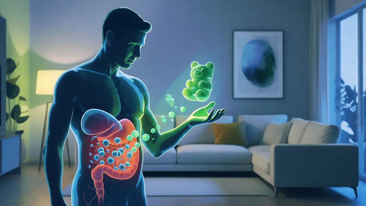 Konceptuální ilustrace regulace metabolismu pomocí THCV gummies