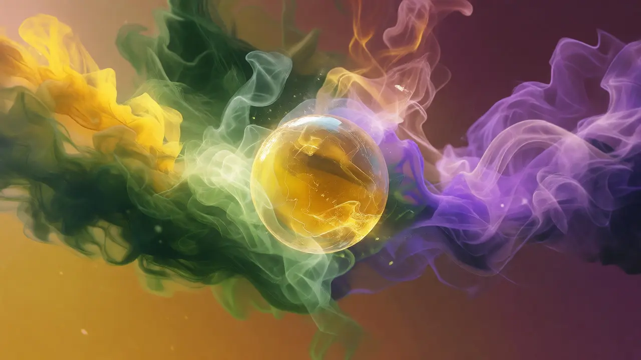 Konceptuální ilustrace zobrazující aromata terpenů obklopující zářivý kus CBD crumble.