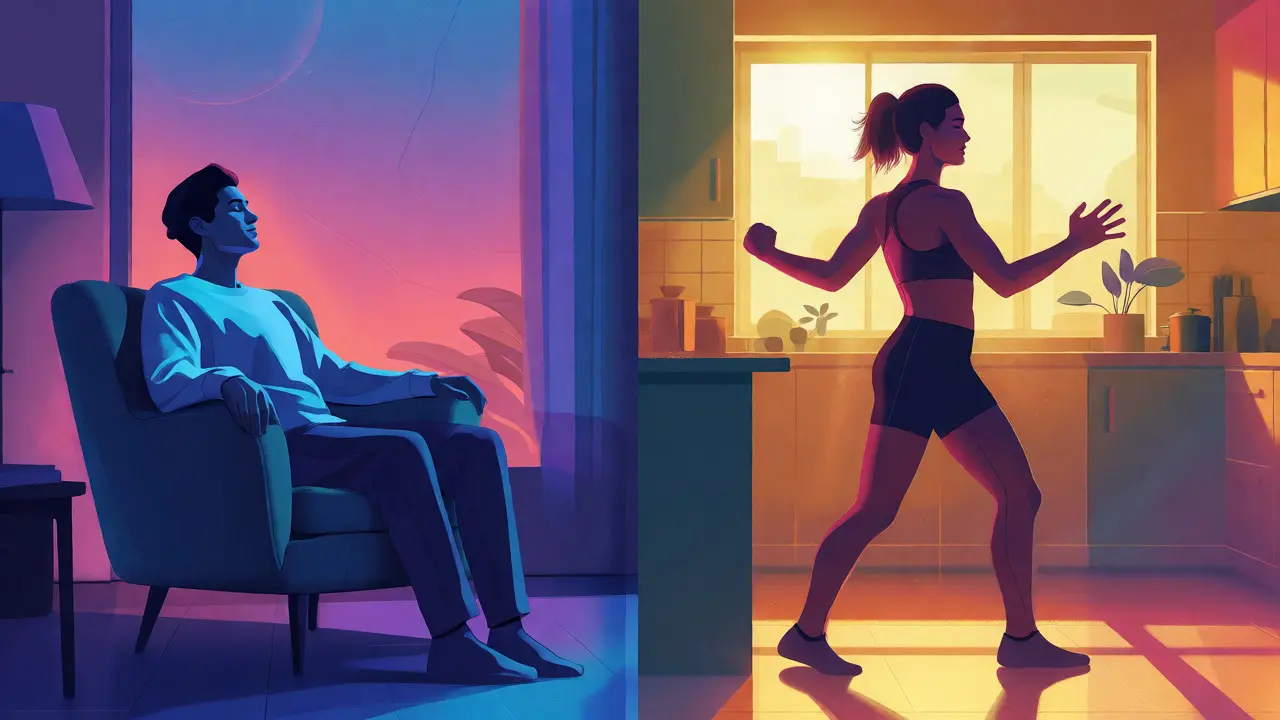 Kontrastní ilustrace klidné meditace a energického pohybu