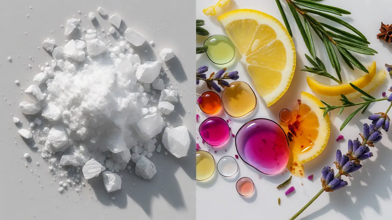 Makro snímek krystalického HHC a terpenů z citrusů a borovic