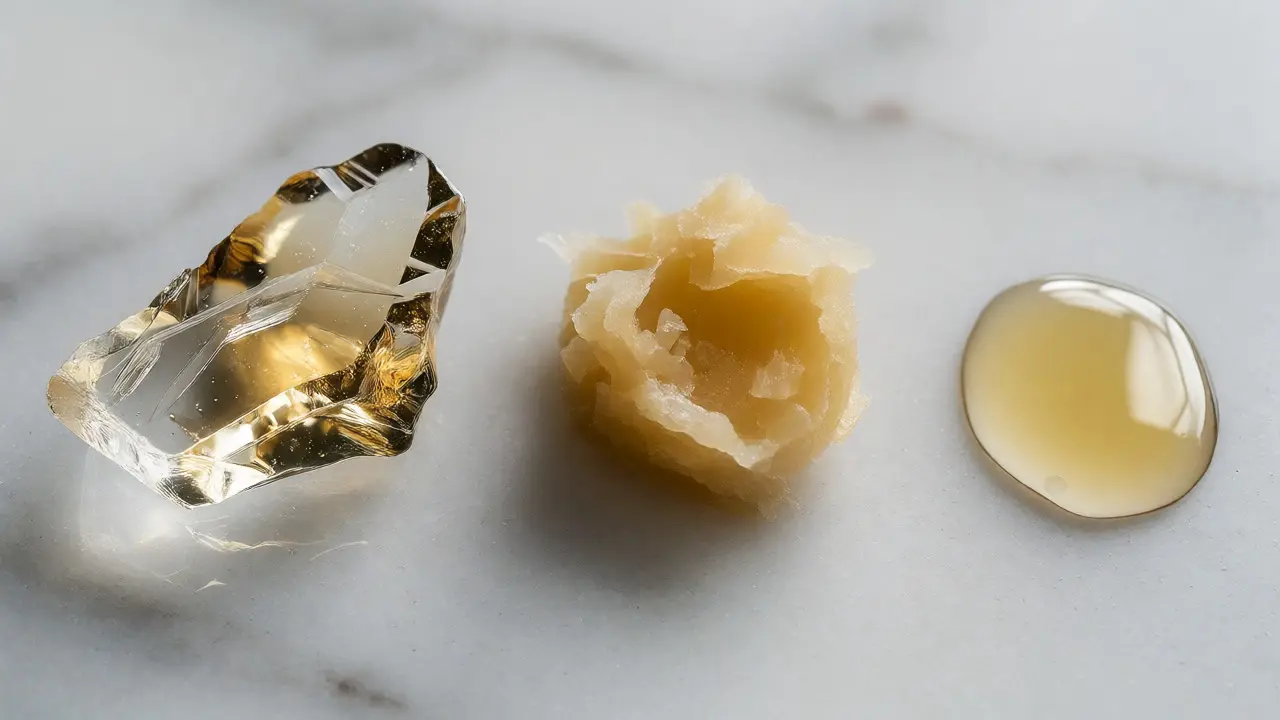 Porovnání konzistence shatteru, waxy a oleje na bílém pozadí