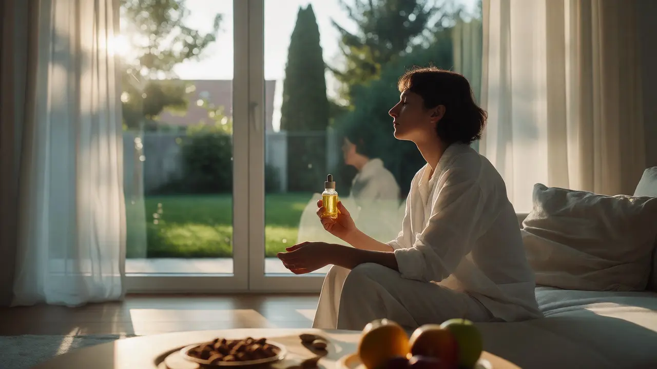 Relaxed person holding CBD oil in a bright room, illustrating stress relief and mindful eating habits.