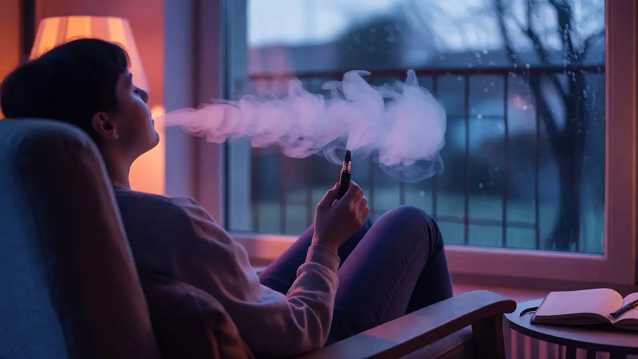 Relaxující večerní scéna s výdechem páry