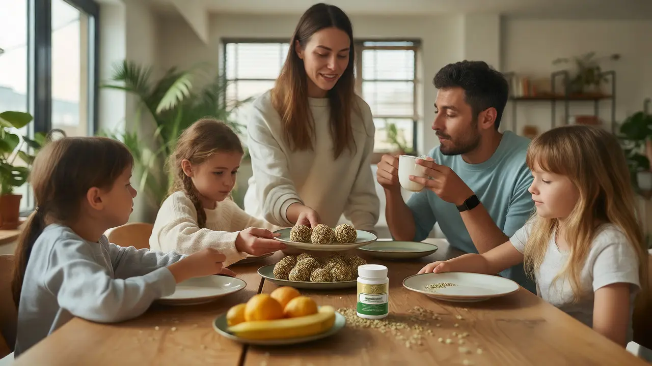 Rodinná snídaně s CBD kuličkami a kávou ve světlém moderním bytě.