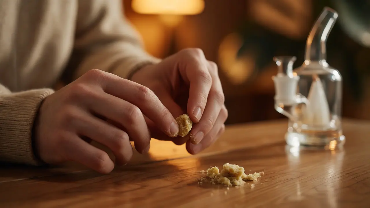 Ruce jemně rozdrtují kousek CBD crumble nad dřevěným stolem, demonstrují snadnou manipulaci.
