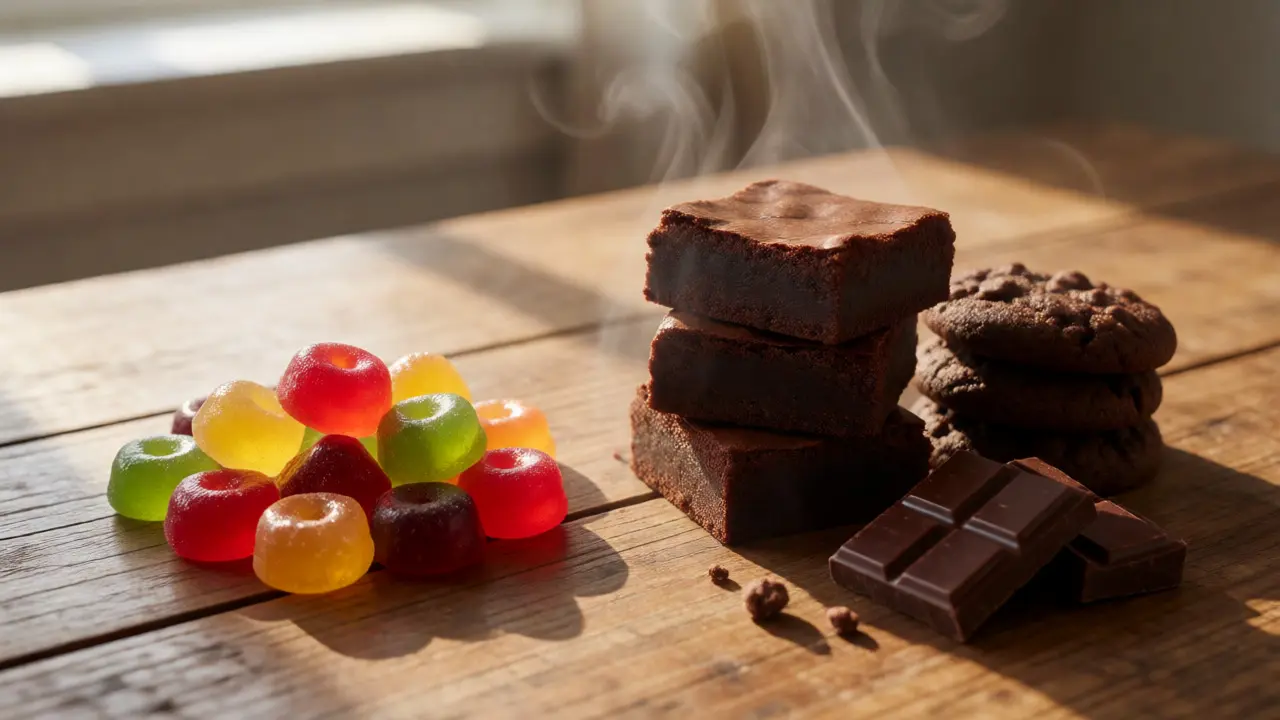 Srovnání barevných konopných gum a čokoládových brownies na dřevěném stole
