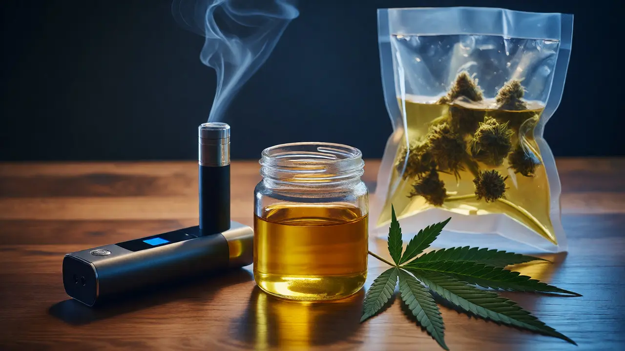Vaporizér, láhev s CBD olejem a sous-vide příprava květů na tmavém pozadí.