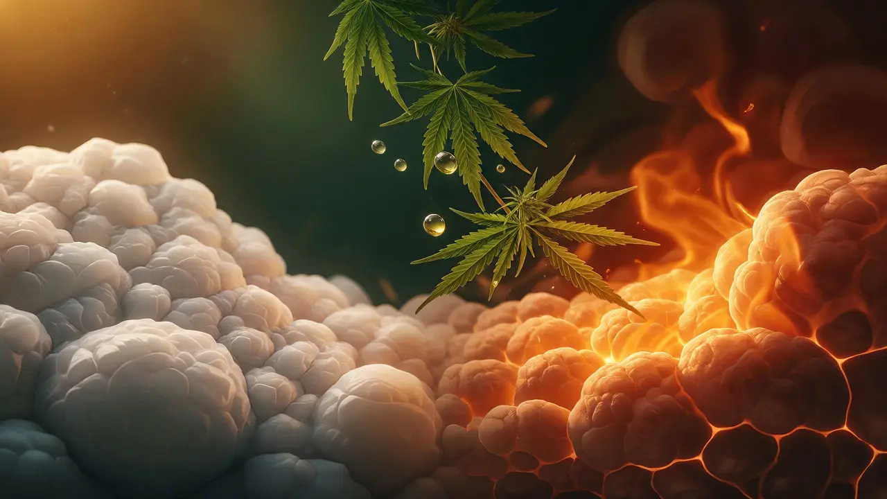 Visual representation of white fat transforming into heat-generating brown fat aided by hemp extracts.