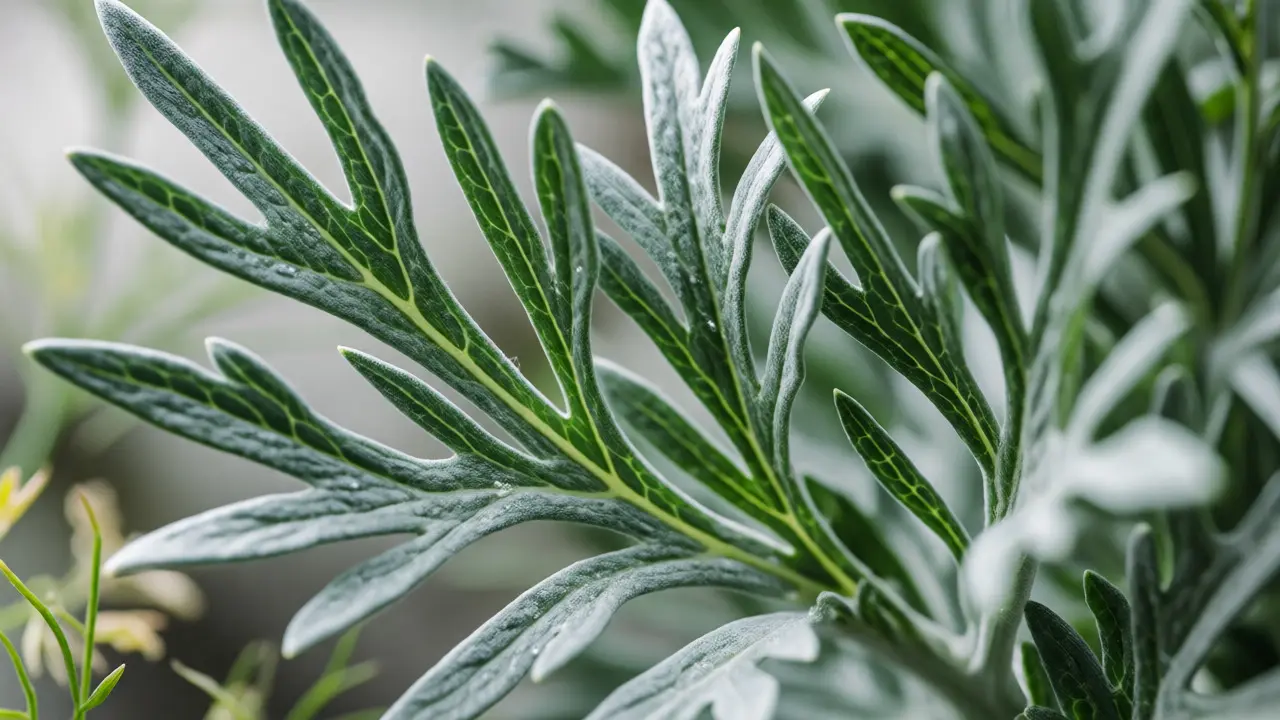 Detailní makro snímek listů palinu obecného (Artemisia absinthium) s kapkami rosy.