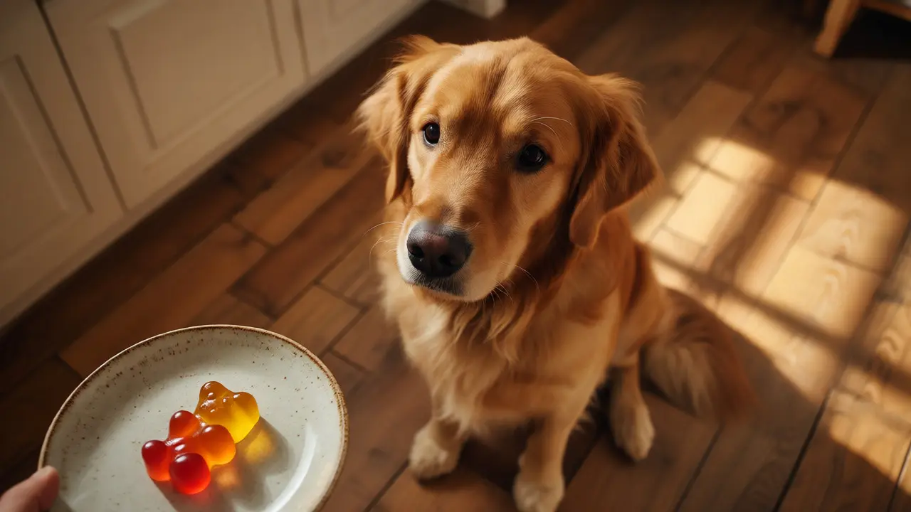 Golden retriever looking cautiously at a gummy bear on a kitchen floor
