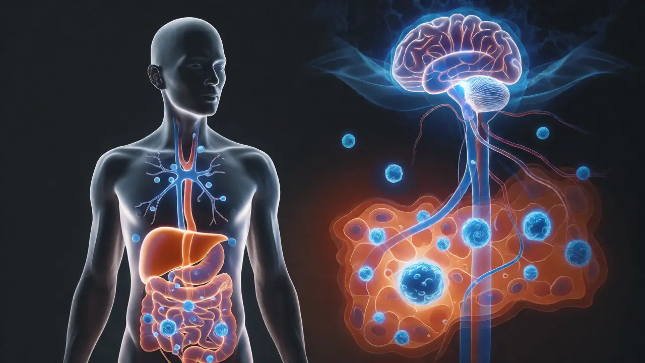 Grafické znázornění metabolismu CBD v těle a mozku