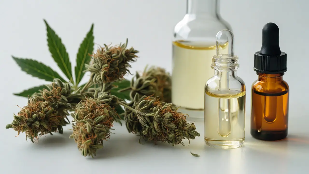 Hemp flowers and oil bottles arranged on a white surface with bright lighting.