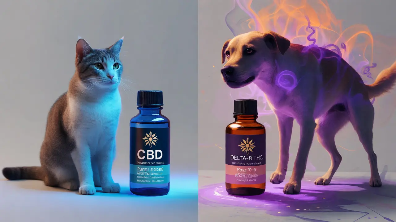 Illustration contrasting a calm cat with CBD and a stumbling dog with Delta-8
