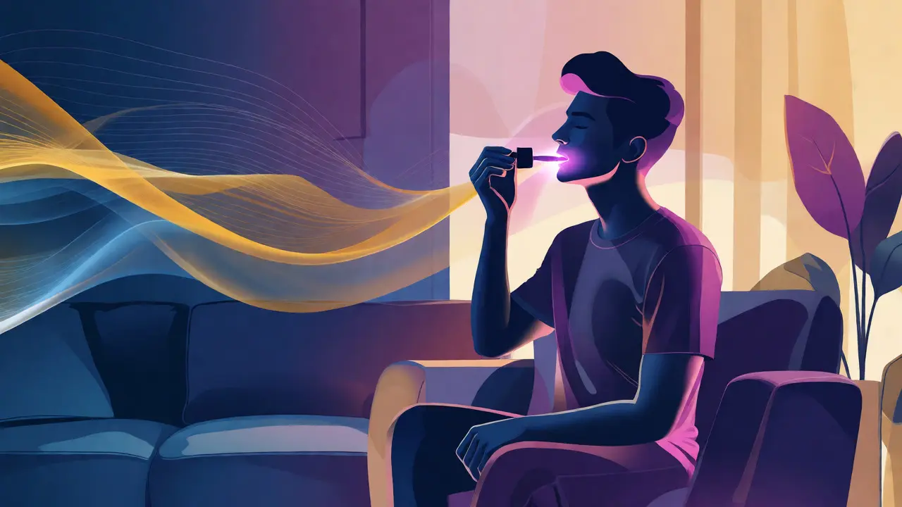 Ilustrace osoby užívající kapky pod jazyk s abstraktním pozadím relaxace