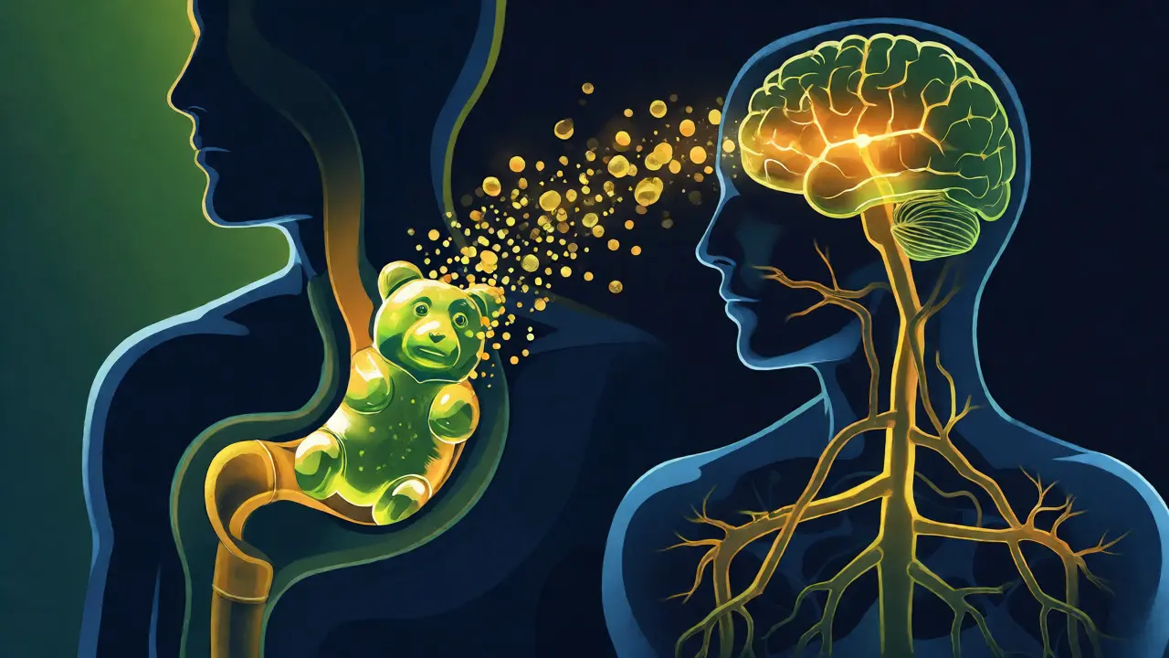 Konceptuální ilustrace absorpce kanabinoidů z gumy do lidského těla